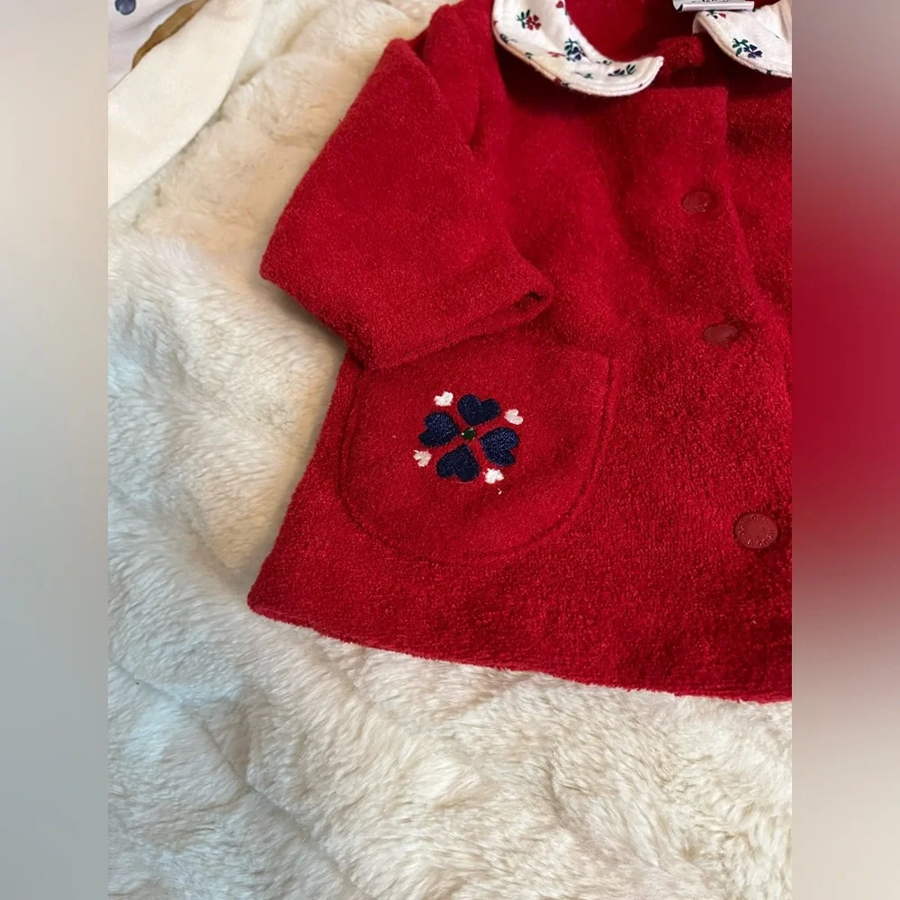 VTG 80s 90s Oshkosh Baby Infant Girls 0/3M Red Terry Cloth Snap Front Winter Top